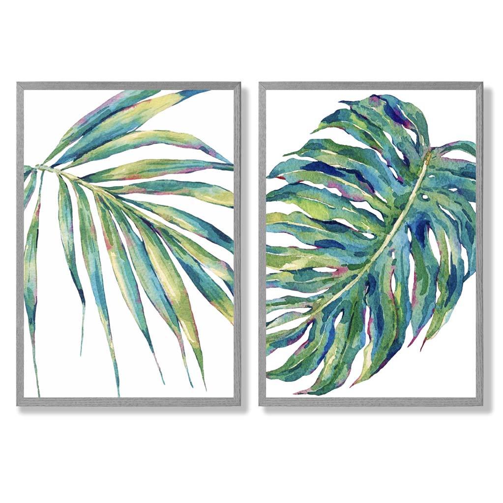 Green Monstera Papyrus Watercolour Set of 2 Art Prints with Light Grey Frame