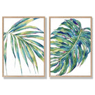 Green Monstera Papyrus Watercolour Set of 2 Art Prints with Oak Frame