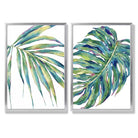 Green Monstera Papyrus Watercolour Set of 2 Art Prints with Silver Frame