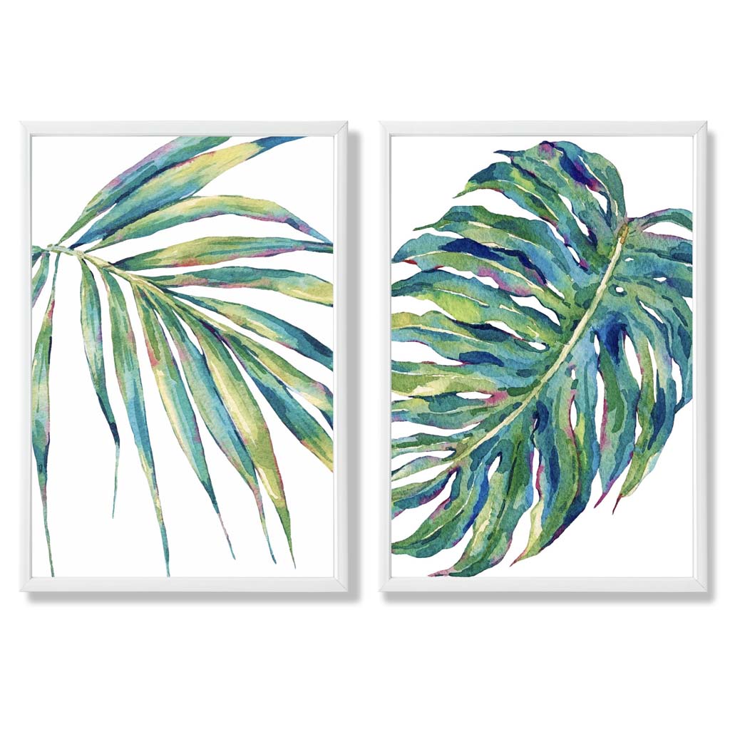Green Monstera Papyrus Watercolour Set of 2 Art Prints with White Frame