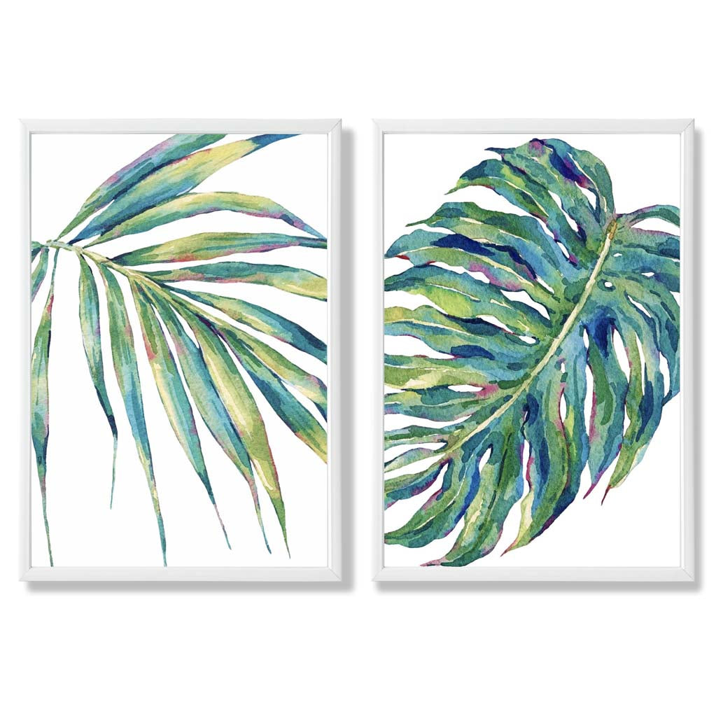 Green Monstera Papyrus Watercolour Set of 2 Art Prints with White Frame