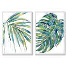 Green Monstera Papyrus Watercolour Set of 2 Art Prints with White Frame