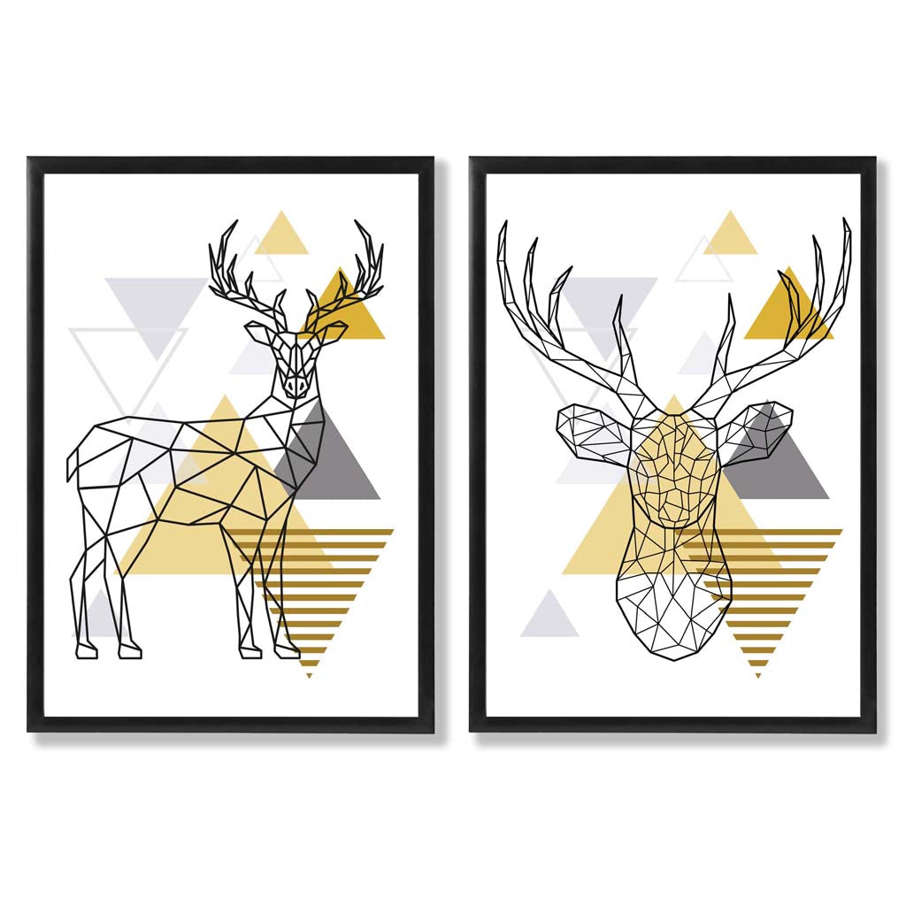 Geometric Yellow and Grey Stags Set of 2 Art Prints with Black Frame