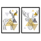 Geometric Yellow and Grey Stags Set of 2 Art Prints with Black Frame