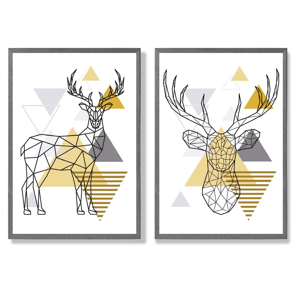 Geometric Yellow and Grey Stags Set of 2 Art Prints with Dark Grey Frame
