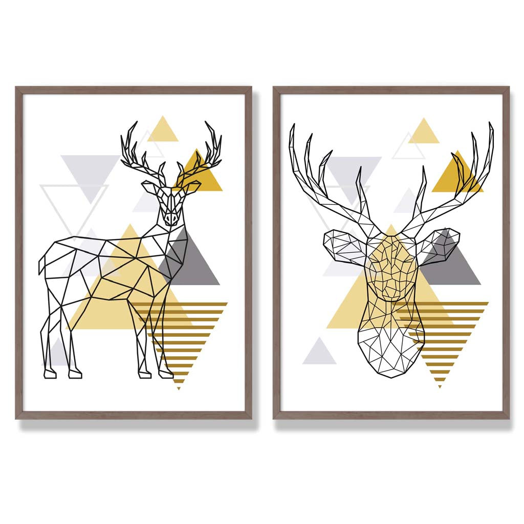 Geometric Yellow and Grey Stags Set of 2 Art Prints with Walnut Frame