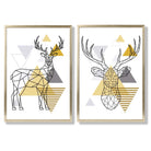 Geometric Yellow and Grey Stags Set of 2 Art Prints with Gold Frame