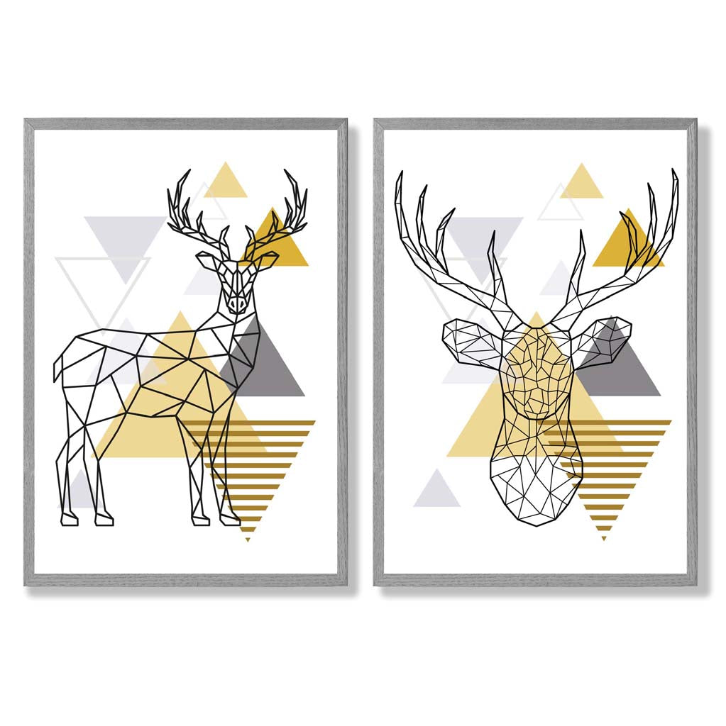 Geometric Yellow and Grey Stags Set of 2 Art Prints with Light Grey Frame