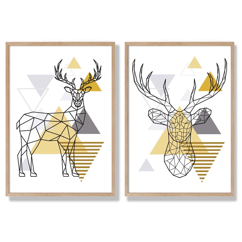 Geometric Yellow and Grey Stags Set of 2 Art Prints with Oak Frame