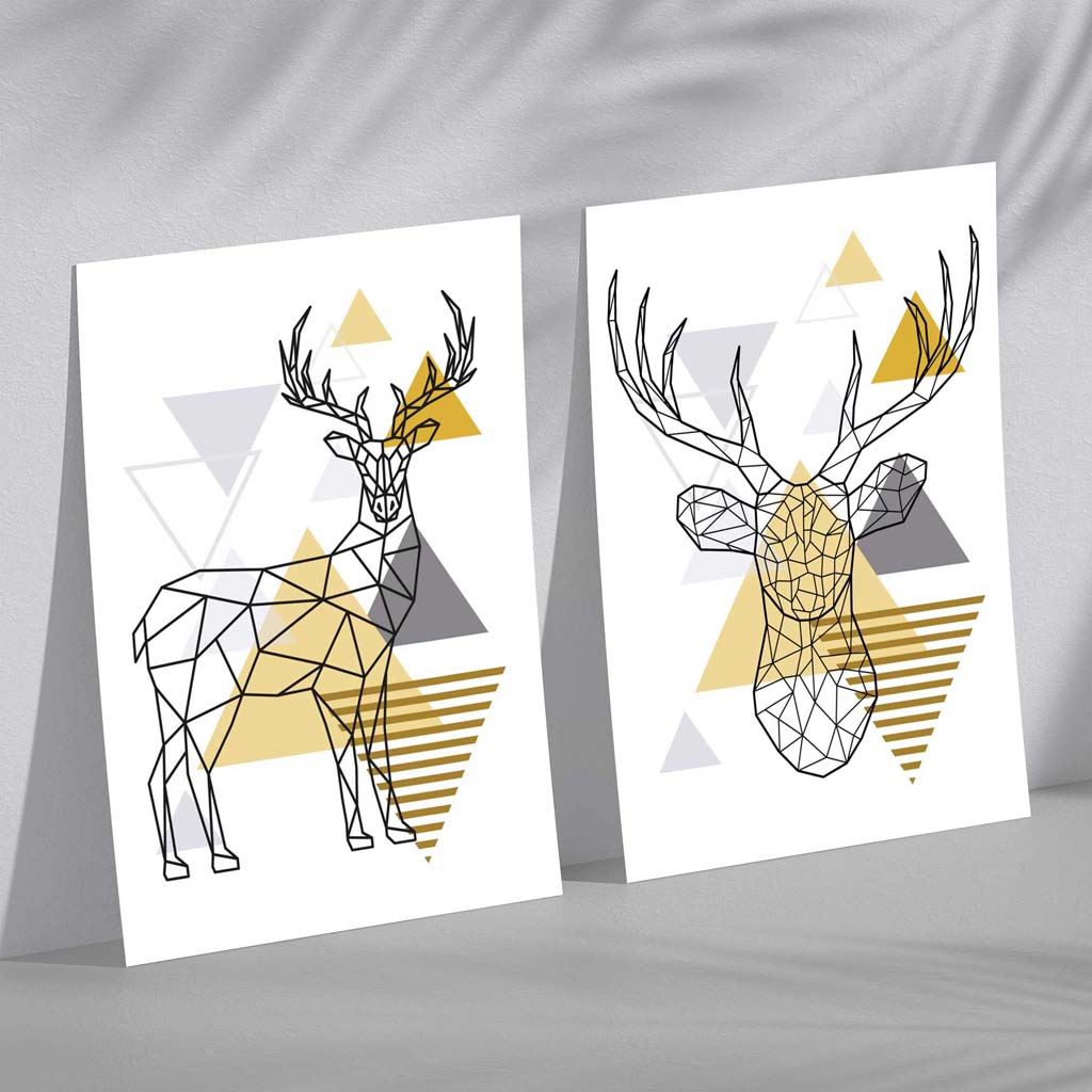 Geometric Yellow and Grey Stags Set of 2 Art Prints