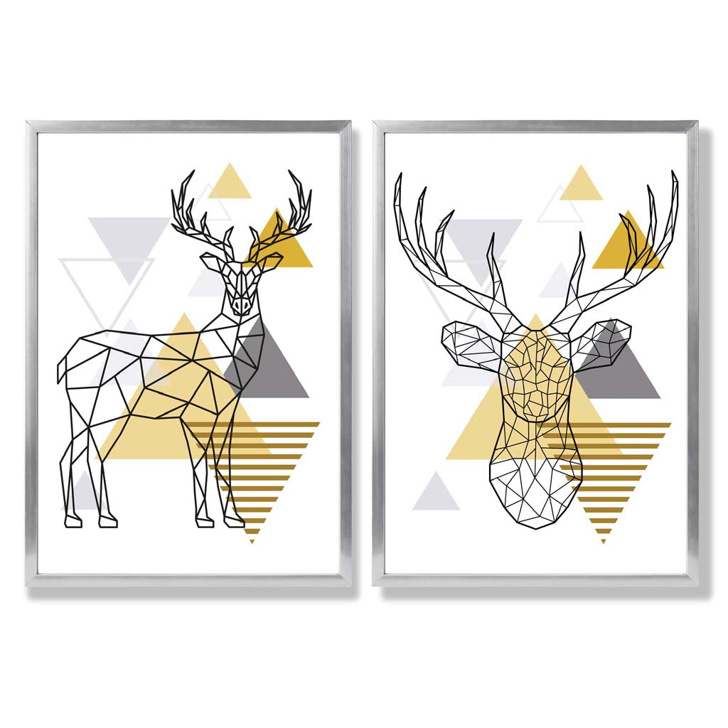 Geometric Yellow and Grey Stags Set of 2 Art Prints with Silver Frame