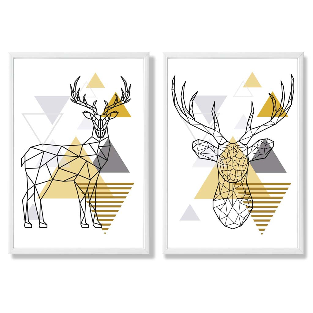 Geometric Yellow and Grey Stags Set of 2 Art Prints with White Frame