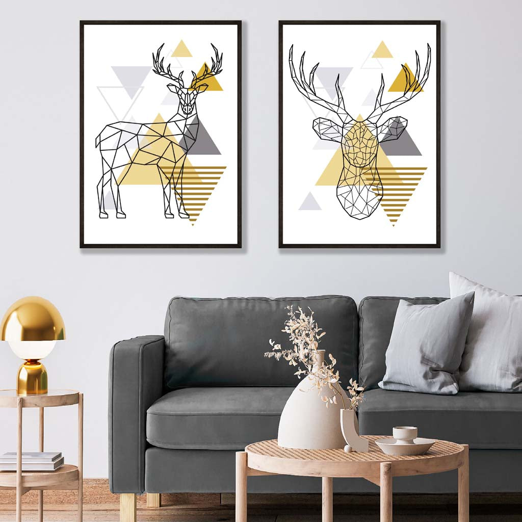 Geometric Yellow and Grey Stags Posters | Artze Wall Art UK