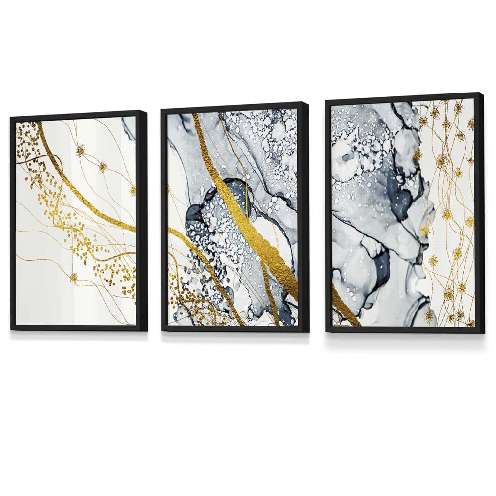 Framed Set of 3 Navy & Yellow Gold Abstract Prints Artze UK Artze Wall Art