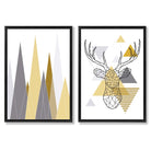 Geometric Yellow and Grey Stag and Mountains Set of 2 Art Prints with Black Frame