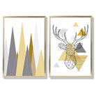 Geometric Yellow and Grey Stag and Mountains Set of 2 Art Prints with Gold Frame