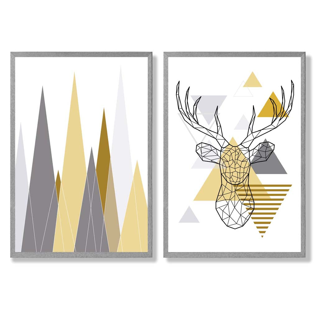Geometric Yellow and Grey Stag and Mountains Set of 2 Art Prints with Light Grey Frame