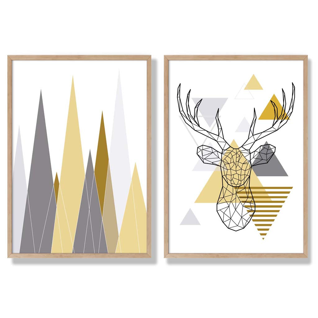 Geometric Yellow and Grey Stag and Mountains Set of 2 Art Prints with Oak Frame