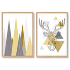 Geometric Yellow and Grey Stag and Mountains Set of 2 Art Prints with Oak Frame