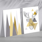 Geometric Yellow and Grey Stag and Mountains Set of 2 Art Prints