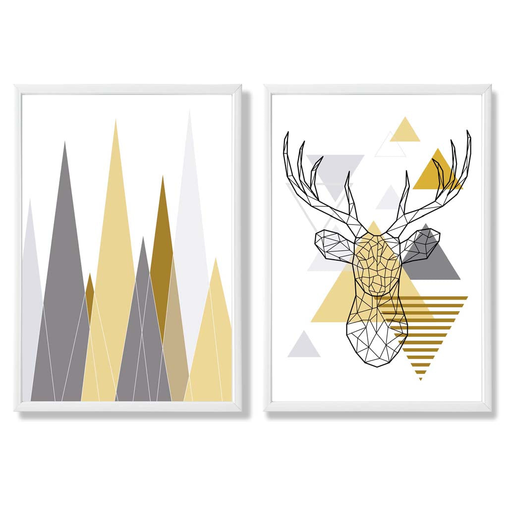 Geometric Yellow and Grey Stag and Mountains Set of 2 Art Prints with White Frame