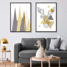Geometric Yellow and Grey Stag with Mountains Prints | Artze Wall Art UK