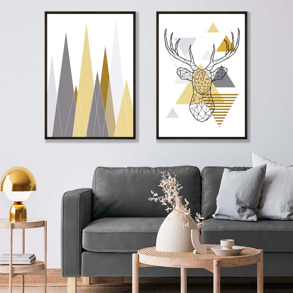 Geometric Yellow  Grey Stag  Mountains Posters | Artze Wall Art UK