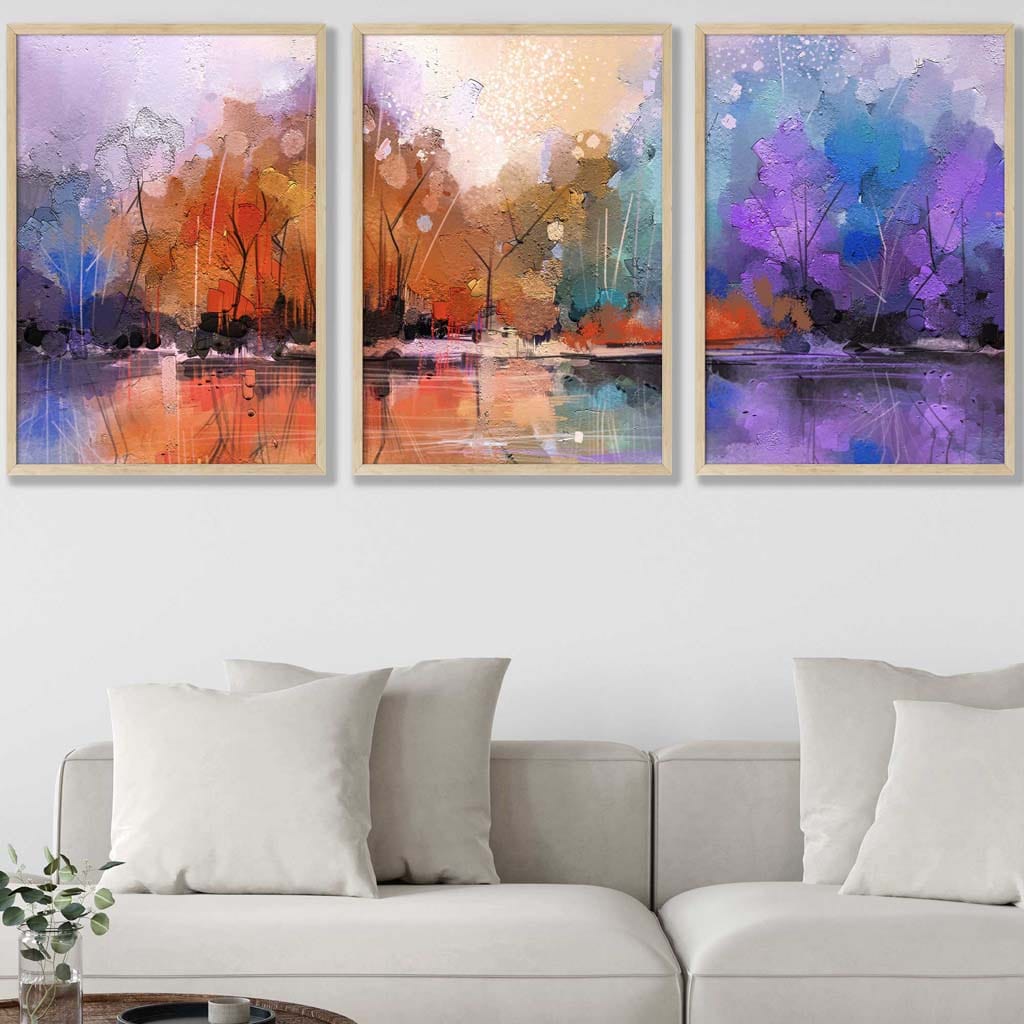 Set of 3 Abstract Purple Orange Violet Dawn Wall Art Prints