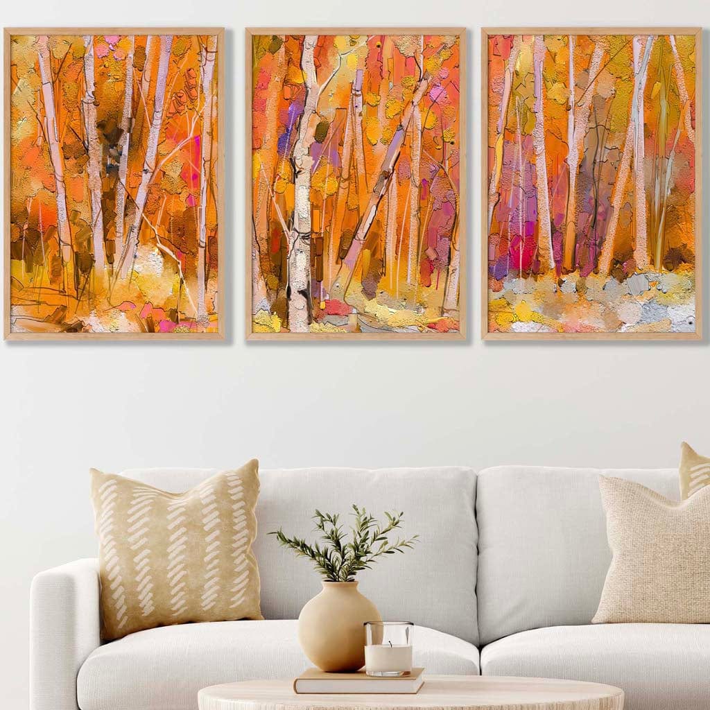Set of 3 Abstract Autumn Trees in Orange Wall Art Prints