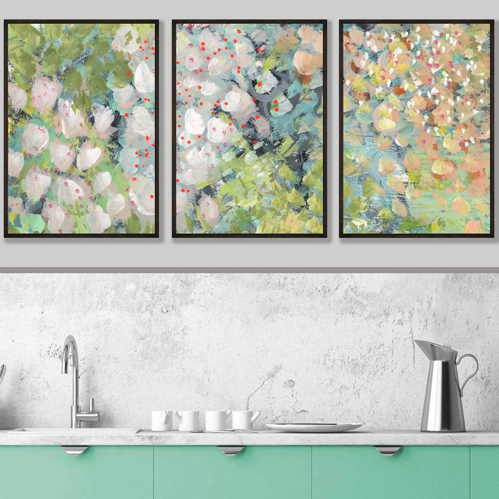 Set of 3 Abstract Cottage Garden Flowers in Green Wall Art Prints
