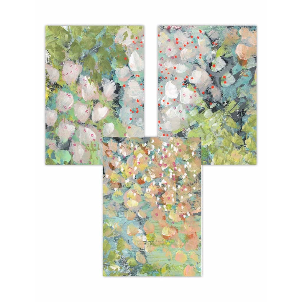 Set of 3 Abstract Cottage Garden Flowers in Green Wall Art Prints
