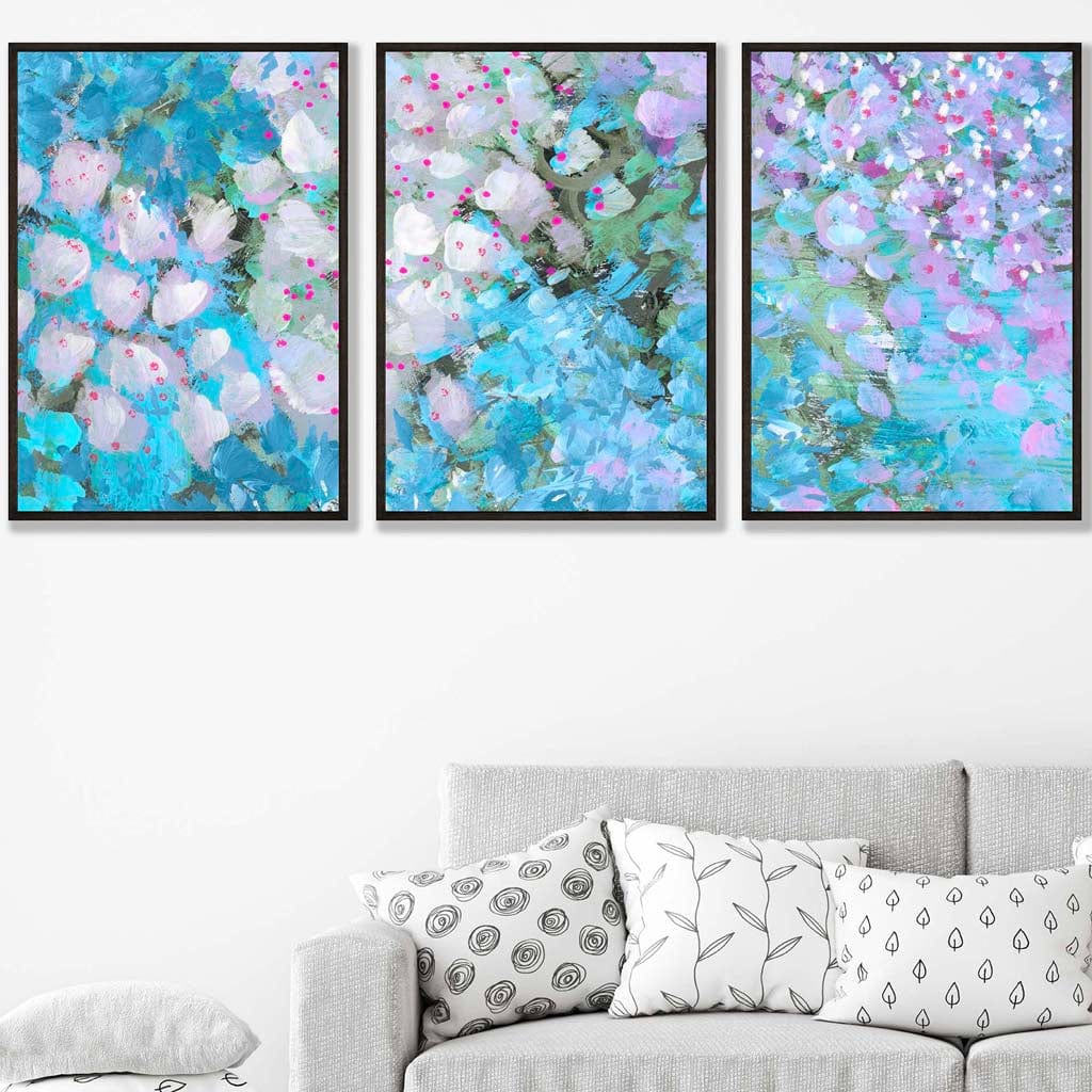Set of 3 Abstract Cottage Garden Flowers in Blue Wall Art Prints