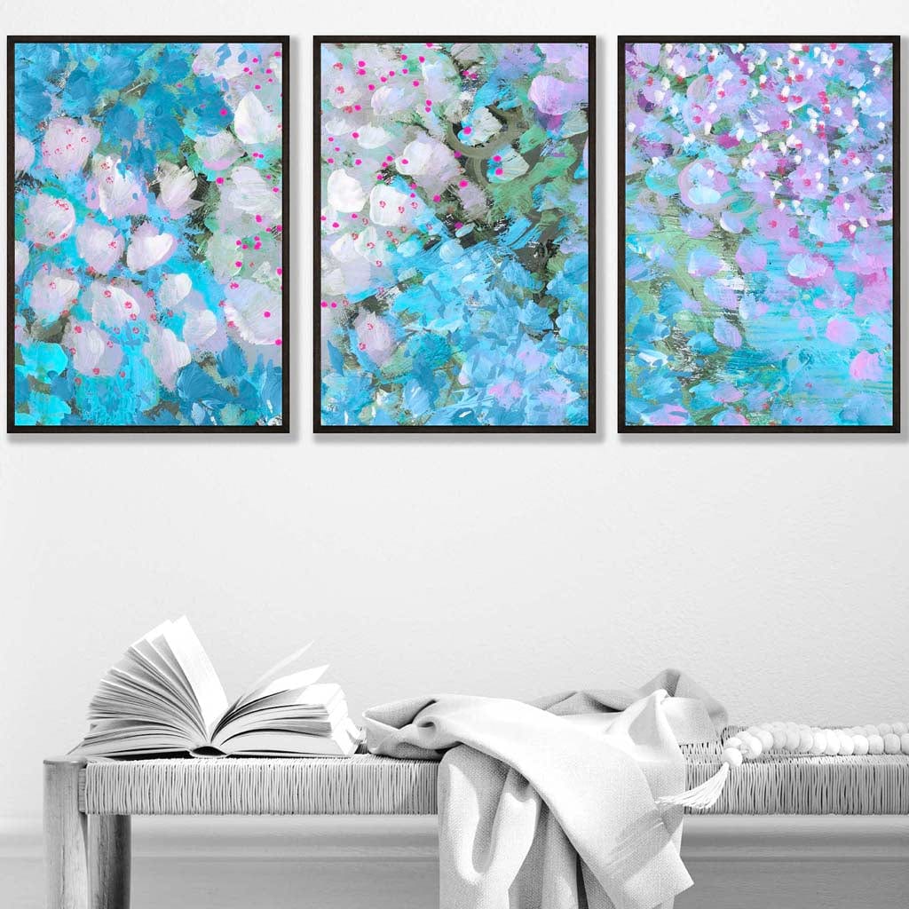 Set of 3 Abstract Cottage Garden Flowers in Blue Wall Art Prints