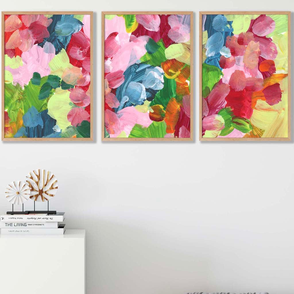 Set of 3 Abstract Wild Garden Flowers in Blue and Pink Wall Art Prints