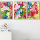 Set of 3 Abstract Wild Garden Flowers in Blue and Pink Wall Art Prints