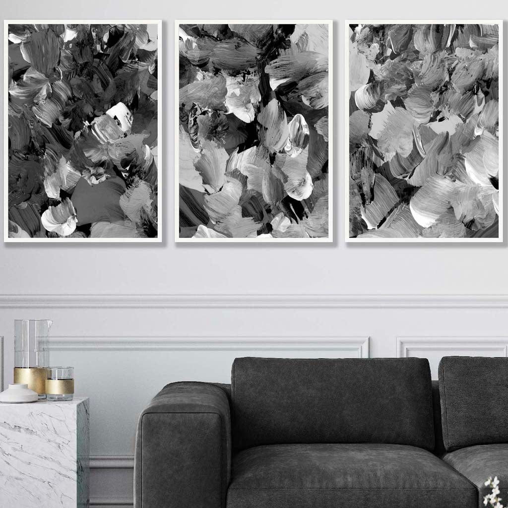 Set of 3 Abstract Wild Garden Flowers in Black and Grey Wall Art Prints