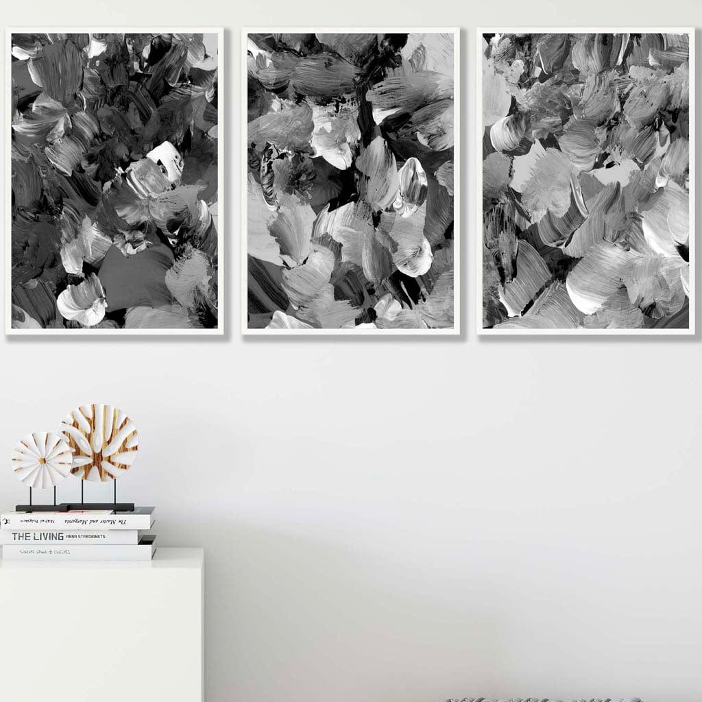 Set of 3 Abstract Wild Garden Flowers in Black and Grey Wall Art Prints