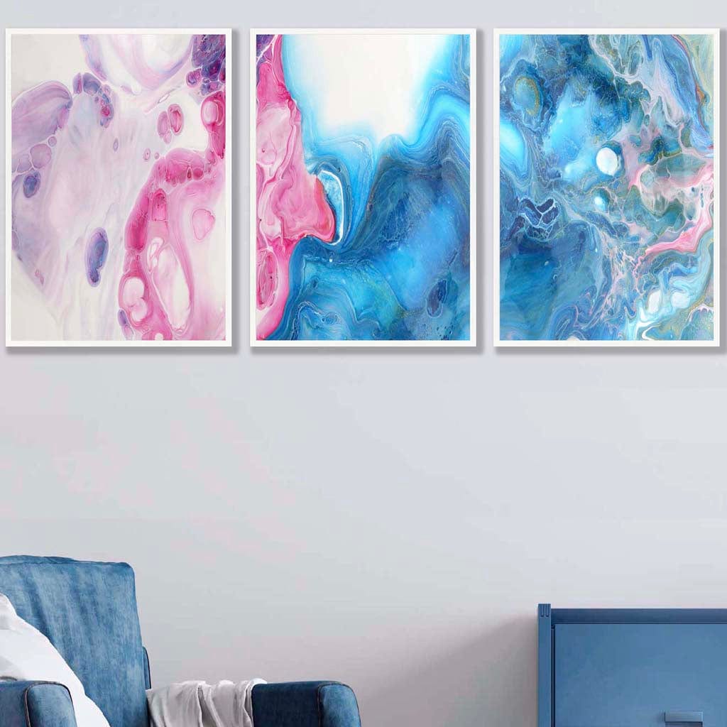Set of 3 Abstract Fluid Marble in Blue and Pink Wall Art Prints