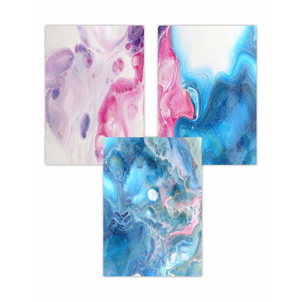 Set of 3 Abstract Fluid Marble in Blue and Pink Wall Art Prints