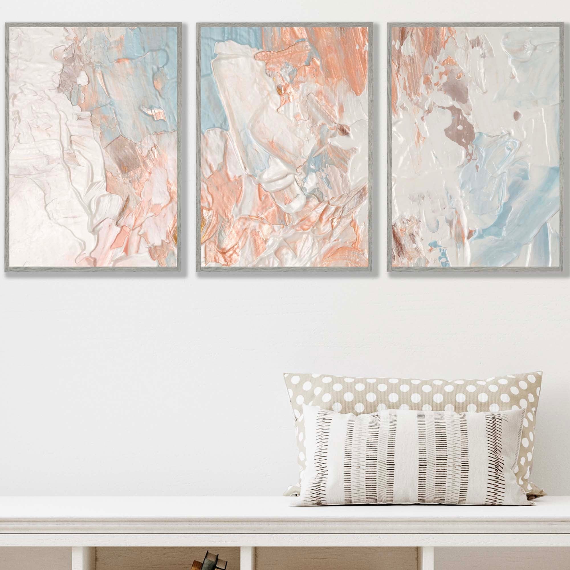 Set of 3 Abstract Oil in Pastel Blue Ivory and Peach Wall Art Prints