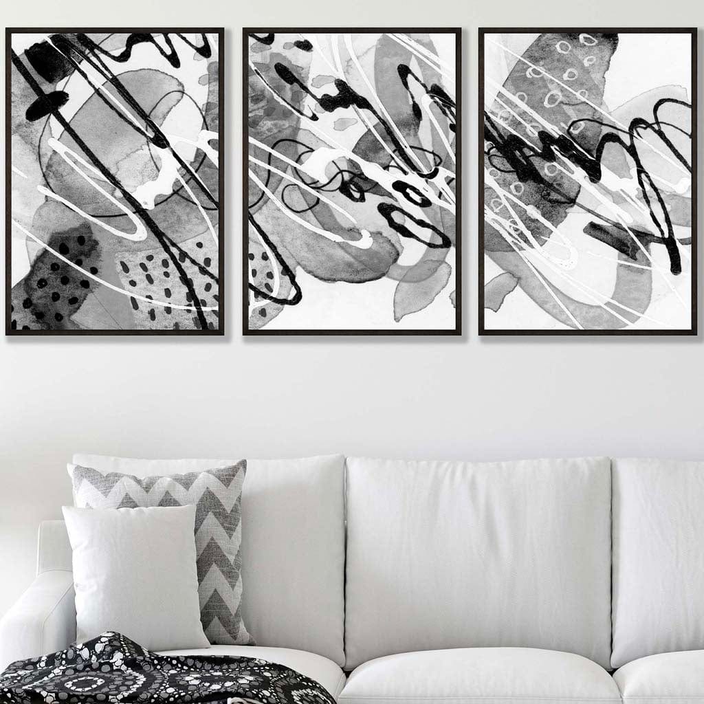 Set of 3 Abstract Watercolour in Black and Grey Wall Art Prints