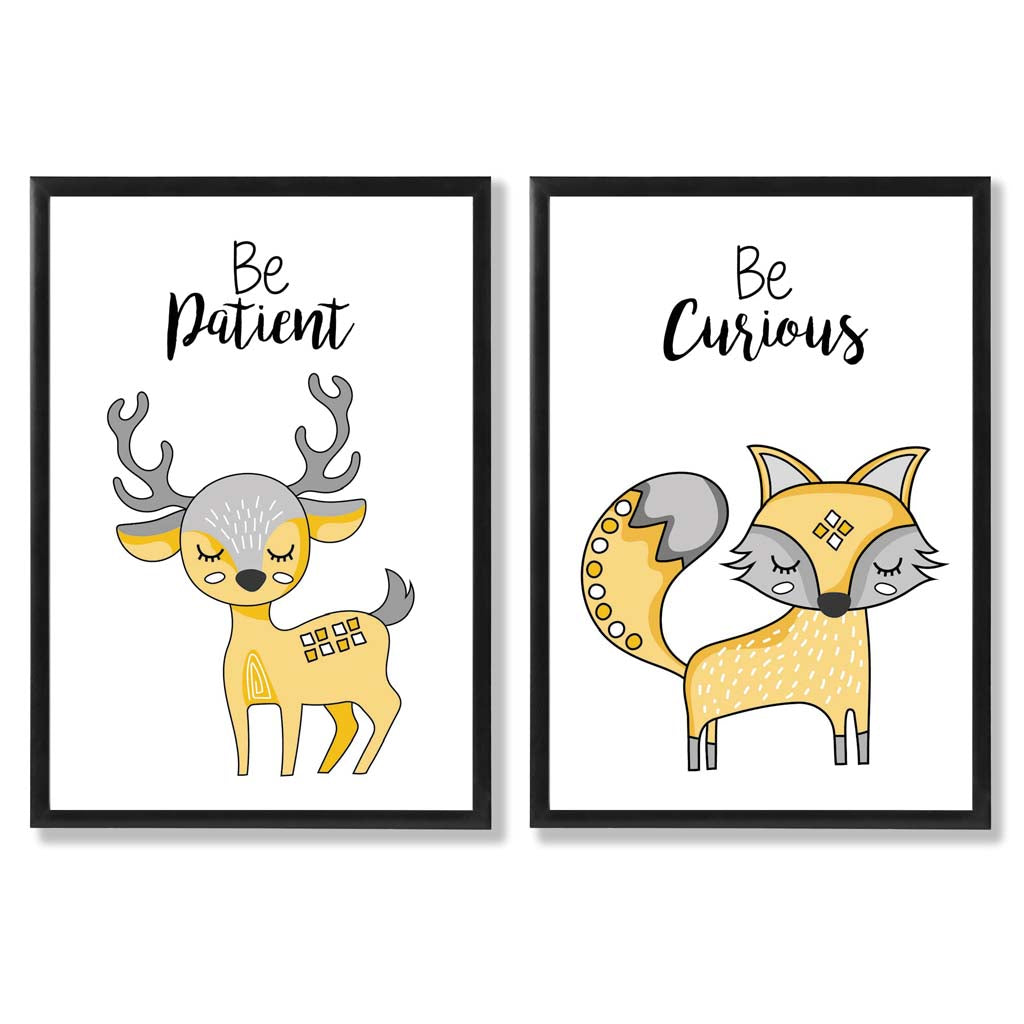 Yellow, Grey Nursery Deer, Fox Set of 2 Art Prints with Black Frame