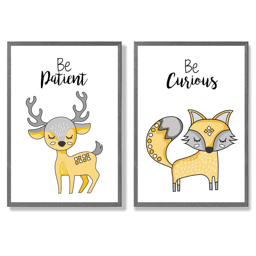Yellow, Grey Nursery Deer, Fox Set of 2 Art Prints with Dark Grey Frame