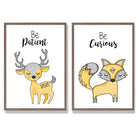 Yellow, Grey Nursery Deer, Fox Set of 2 Art Prints with Walnut Frame