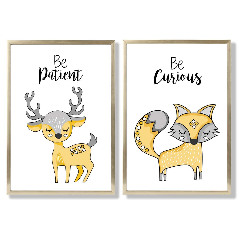 Yellow, Grey Nursery Deer, Fox Set of 2 Art Prints with Gold Frame