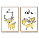 Yellow, Grey Nursery Deer, Fox Set of 2 Art Prints with Oak Frame