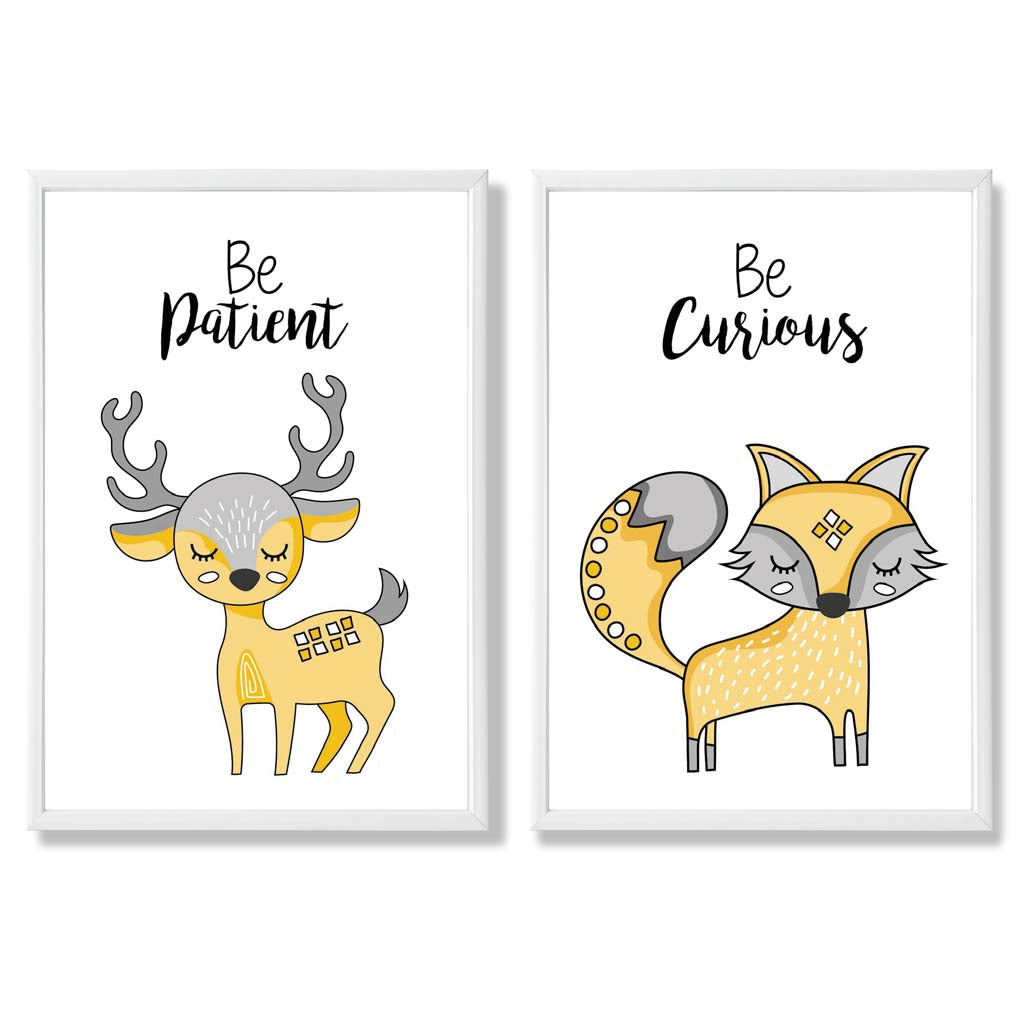 Yellow, Grey Nursery Deer, Fox Set of 2 Art Prints with White Frame