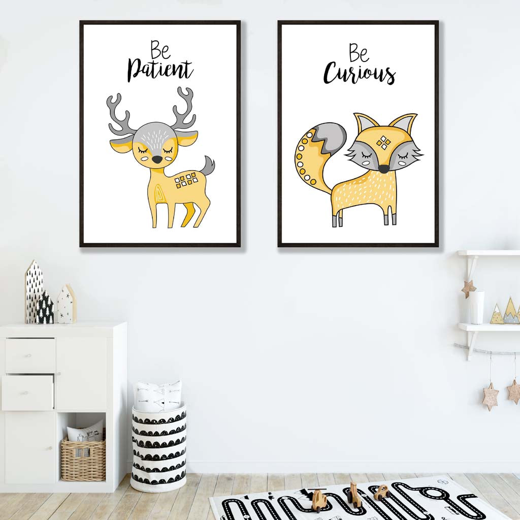 Yellow and Grey Nursery Deer and Fox with Quotes Art Prints Set | Artze Wall Art UK