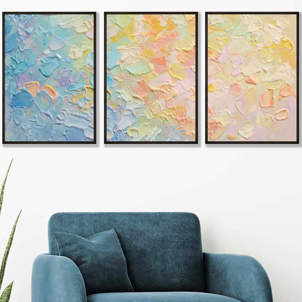 Set of 3 Abstract Palette Oil in Pastel Blue Pink and Yellow Wall Art Prints