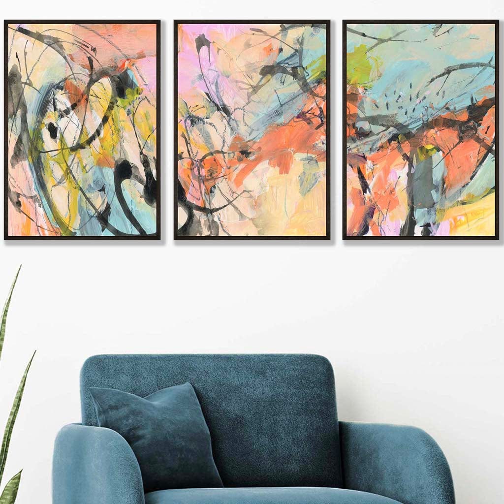 Set of 3 Abstract Watercolour in Blue and Orange Wall Art Prints